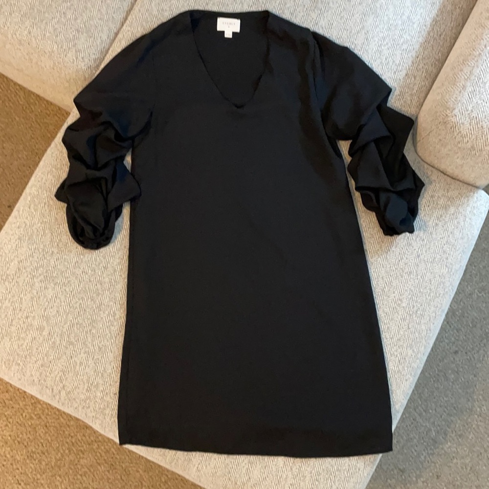 Black v-neck shift dress with ruffle sleeves